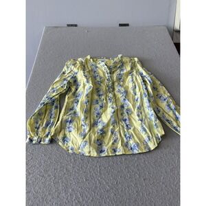 Talbots Blouse Womens Petite MP Yellow Floral Ruffle Henley Long Sleeve Top